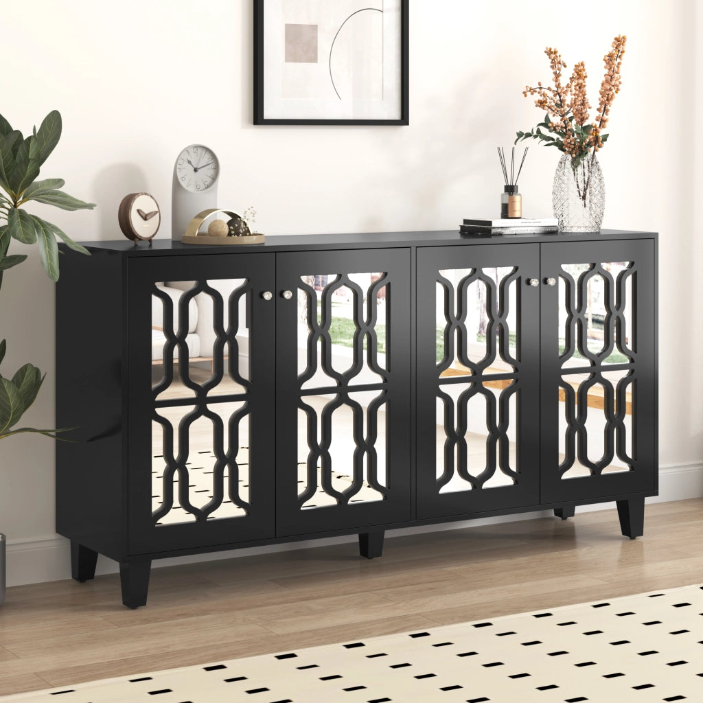 Credenza 160 × 40 × 84 cm con quattro ante due ripiani mobili in MDF nero e superficie a specchio con piedi in legno