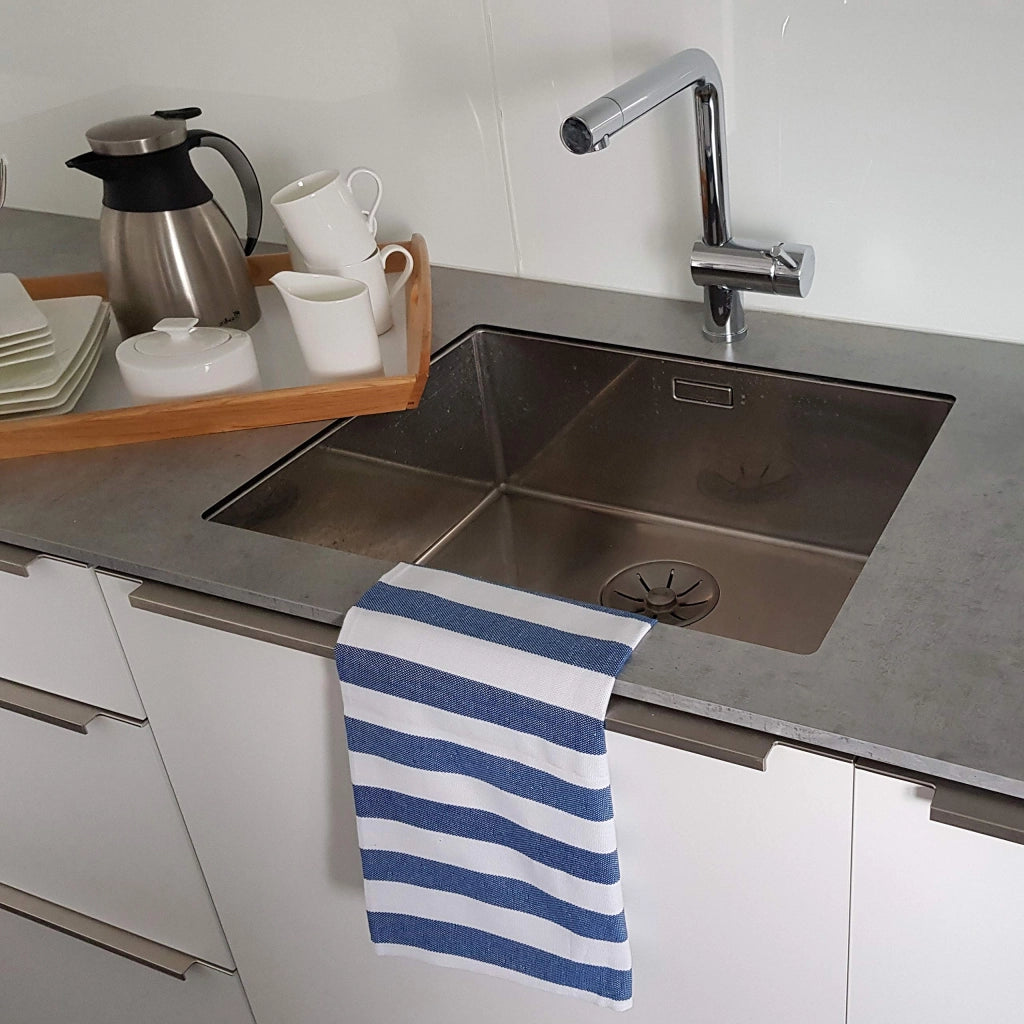 Set di 5 strofinacci da cucina, 50x70 cm, a righe blu e bianche, 100% cotone
