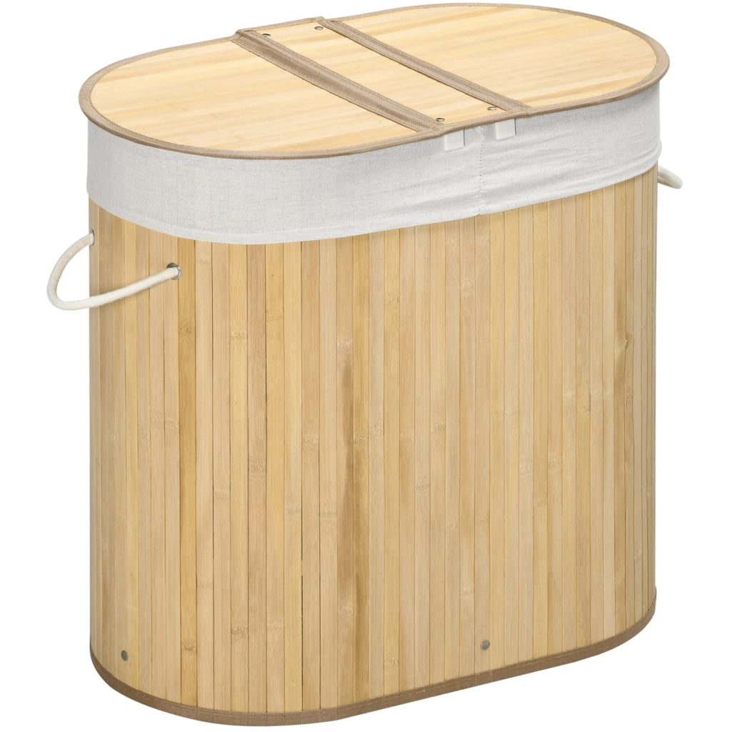 Portabiancheria in bambù naturale con 2 scomparti e coperchi, 100 L