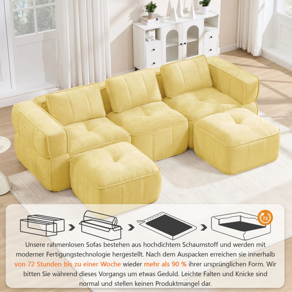 Divano modulare giallo in poliestere con pouf, 271 x 162 x 67 cm