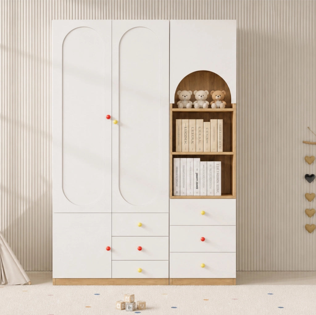 Armadio a 2 ante e scaffale con cassetti, bianco e color legno