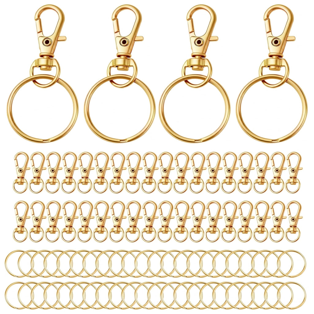 Set di 100 ganci a scatto dorati e portachiavi, diametro 3,2 cm