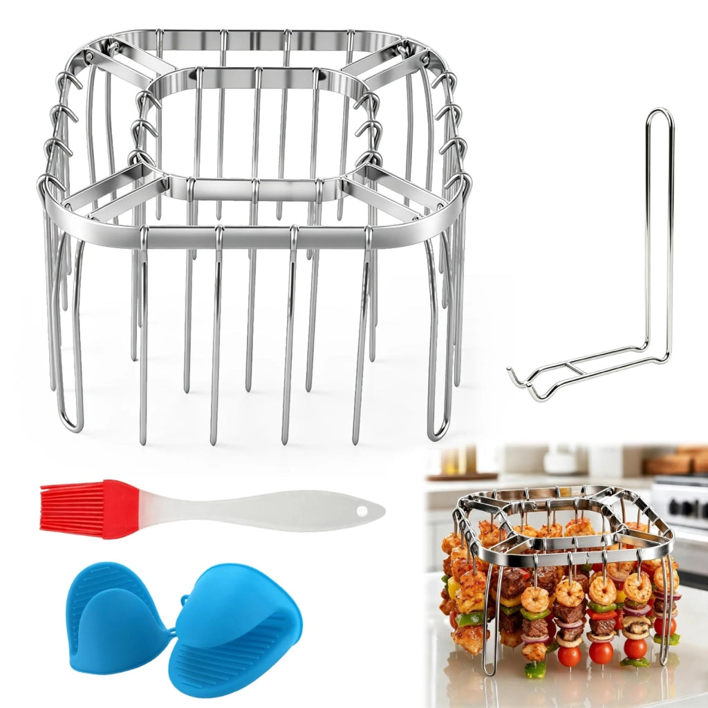 Supporto pieghevole per friggitrice ad aria con funzione grill, con 28 spiedini, in acciaio inossidabile, set di accessori
