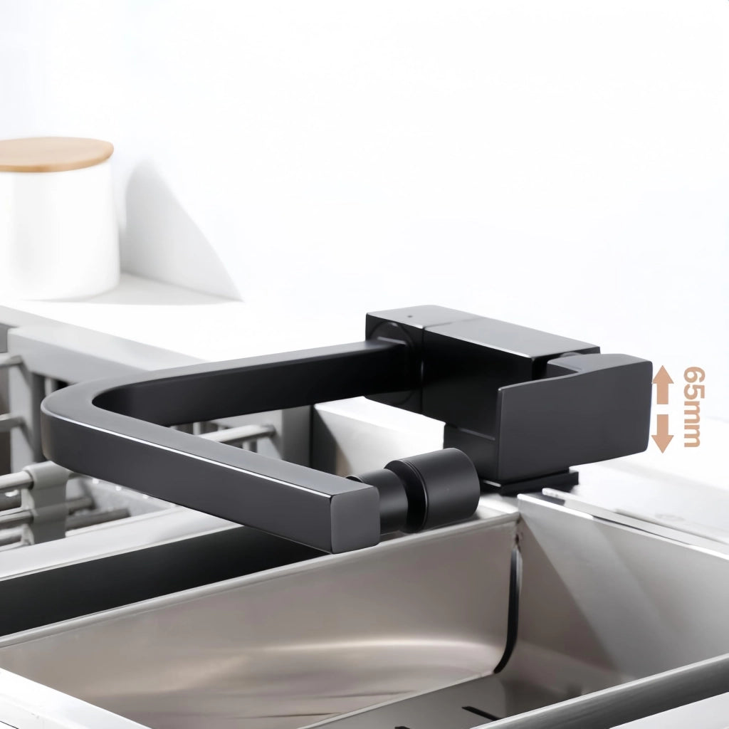 Rubinetto da cucina pieghevole con 2 getti, 360° girevole, per installazione sotto finestra (Nero)