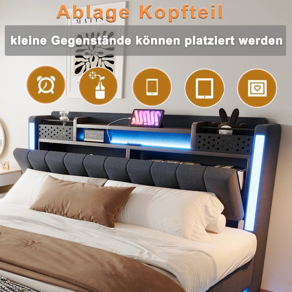 Letto matrimoniale imbottito 160 × 200 cm con LED e USB testiera contenitore rete a doghe tessuto di lino grigio