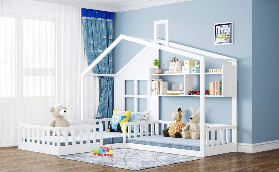 Letto per bambini a casetta 90x200 cm con ripiani e sponde; in MDF; bianco