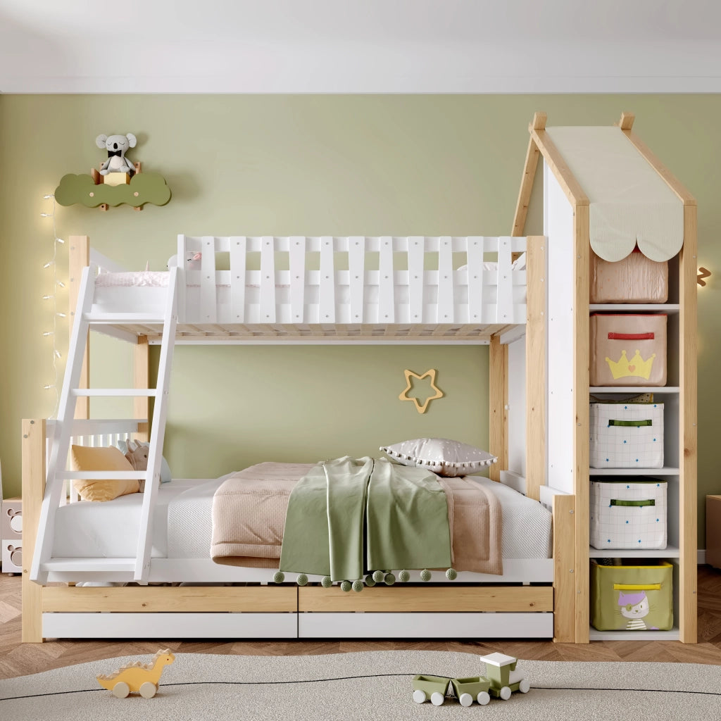 Letto a castello per bambini 90x200 cm e 140x200 cm con tetto a casetta