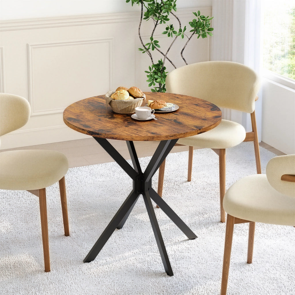 Tavolo da pranzo rotondo 80 × 80 × 75 cm per 2 persone in truciolare marrone e ferro nero con piedi regolabili