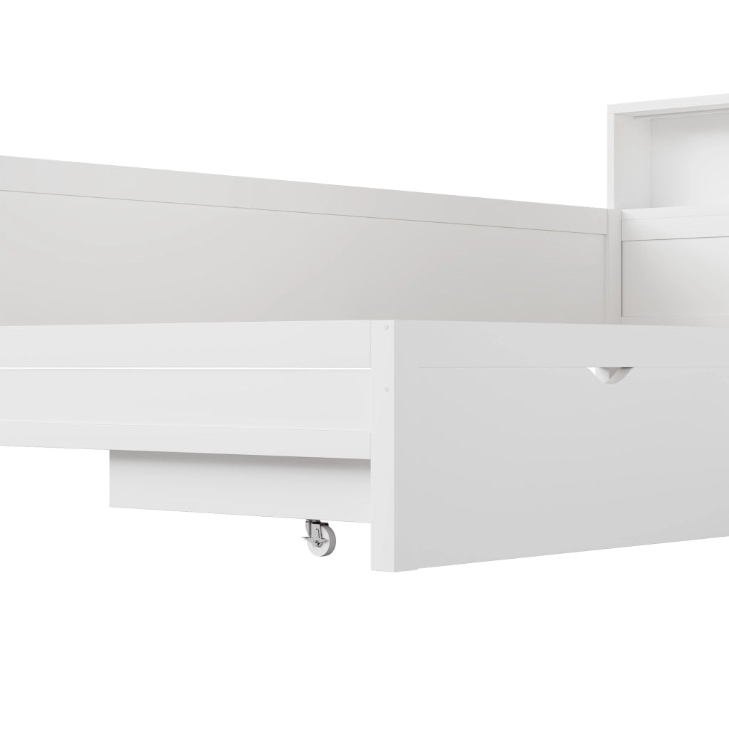 Letto singolo a piattaforma 90 × 200 cm a L con letto estraibile in MDF e compensato bianco con cassetto LED e ricarica