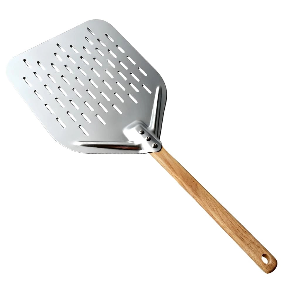 Pala per pizza, 39,5x30 cm, in alluminio, forata, con manico removibile