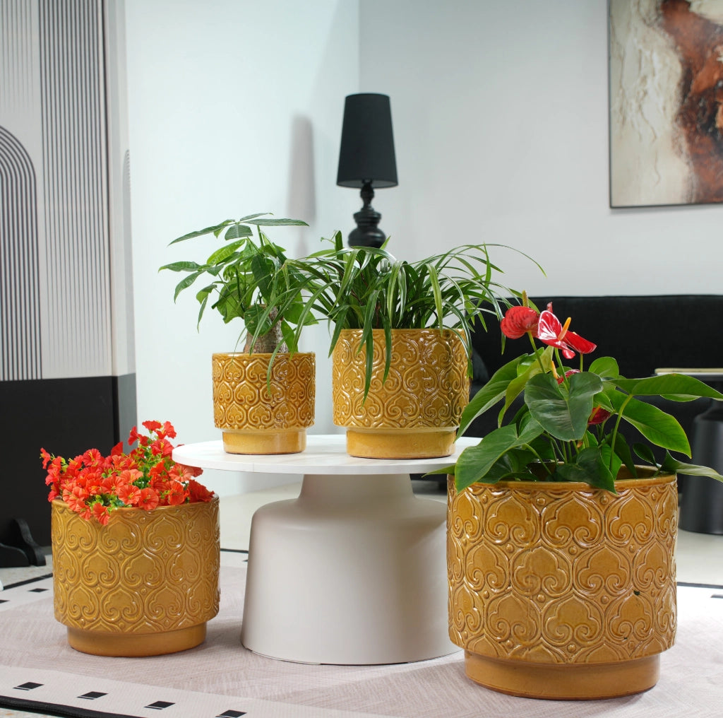 Vaso per piante in ceramica gialla Ø 24 cm con decoro a cuori