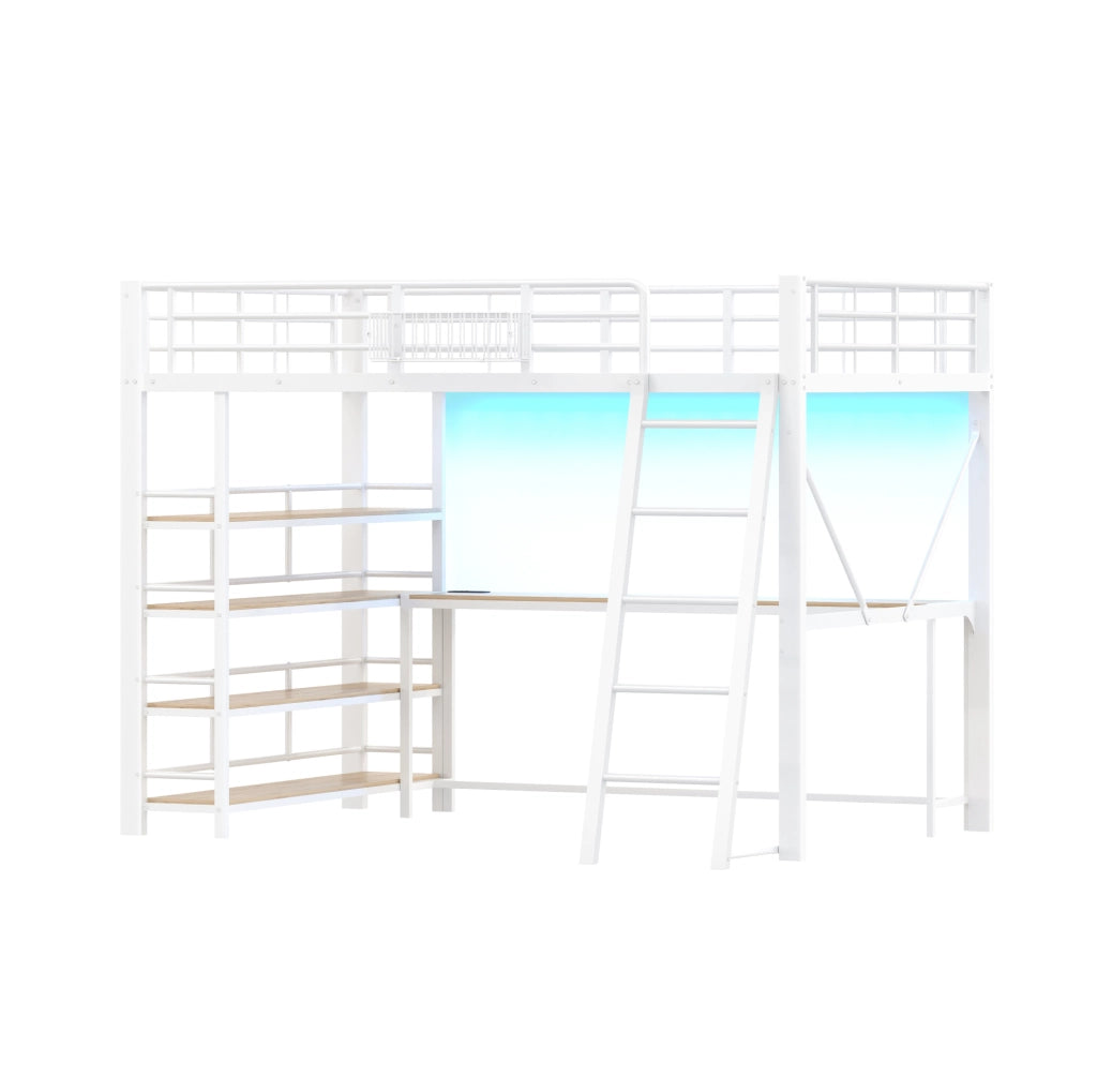 Letto a soppalco in metallo bianco 140x200 cm con scrivania integrata, scaffali, cesta portaoggetti, stazione di ricarica USB e illuminazione LED