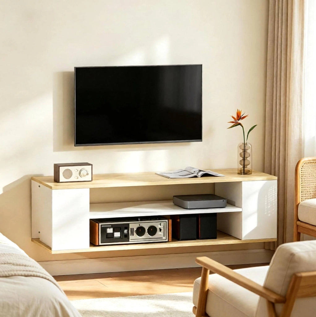 Mobile TV su ruote 120x40x38,5 cm in pannello truciolare bianco naturale per soggiorno