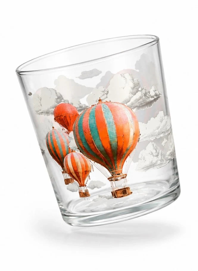 Set 3 Bicchieri Sky Voyager in Vetro da 35 cl – Bicchieri Acqua con Decorazione Mongolfiere Colorate e Nuvole, Design Originale per Tavola, Succhi e Bevande H&H