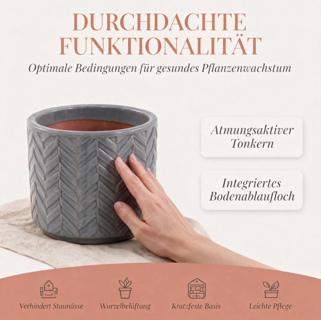 Vaso in ceramica grigio cenere Ø 24,5 cm con rilievo a spina di pesce