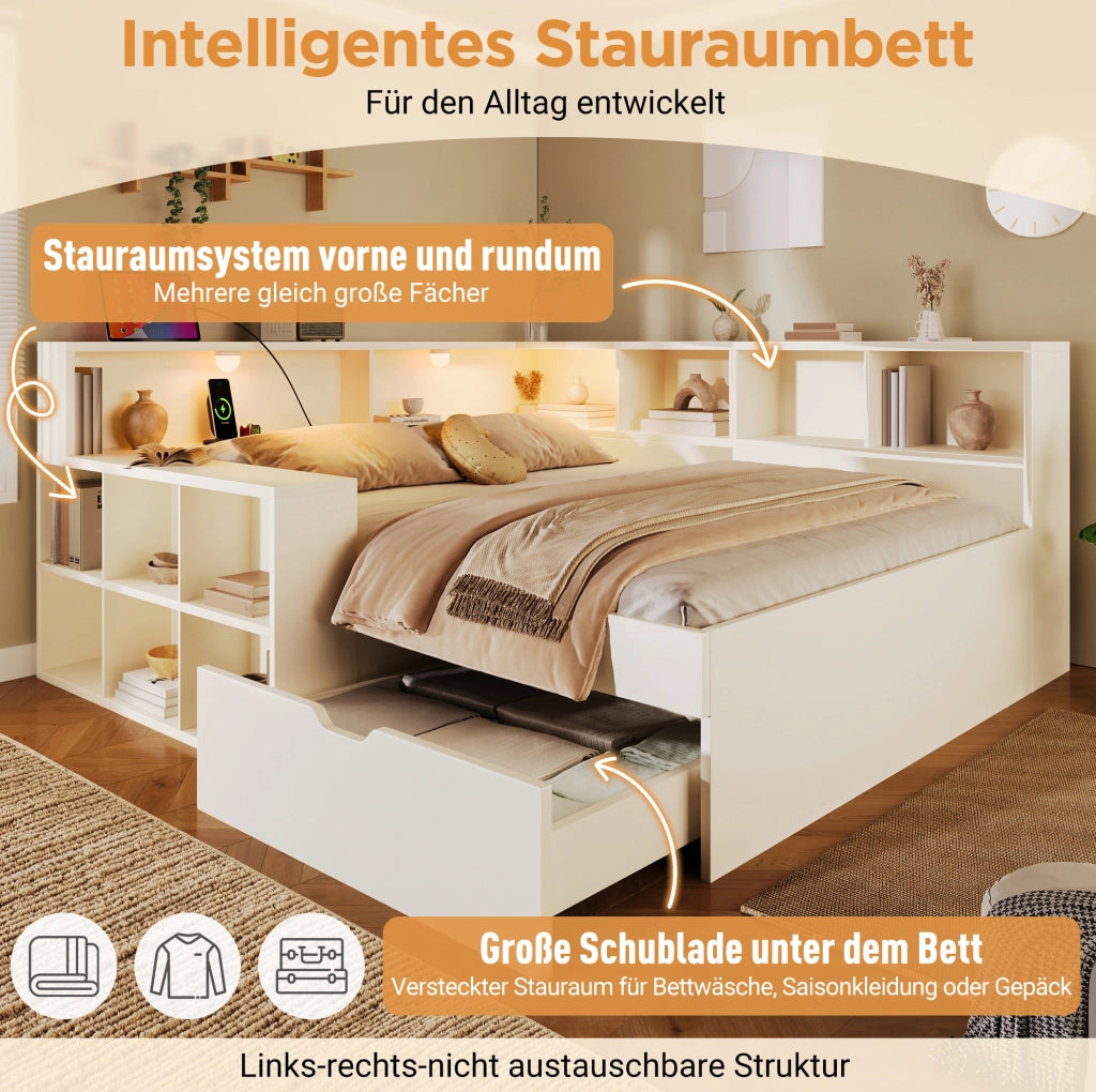 Letto con contenitore 140 x 190 cm bianco con luci e prese di ricarica