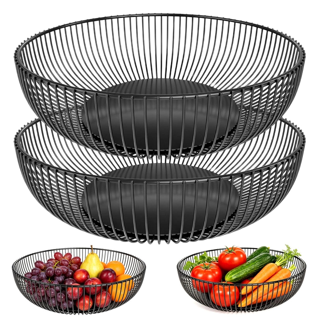 Cesto per frutta, set da 2, 28 cm, ciotola per frutta in metallo, nero, cesto rotondo in filo metallico per frutta, pane e verdura, ciotola decorativa moderna per cucina, tavola e soggiorno