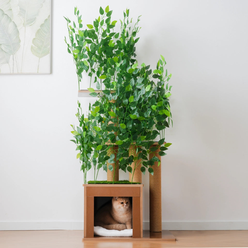 Tiragraffi per gatti a forma di albero con piattaforme e letto, MDF verde, 60×45×158 cm