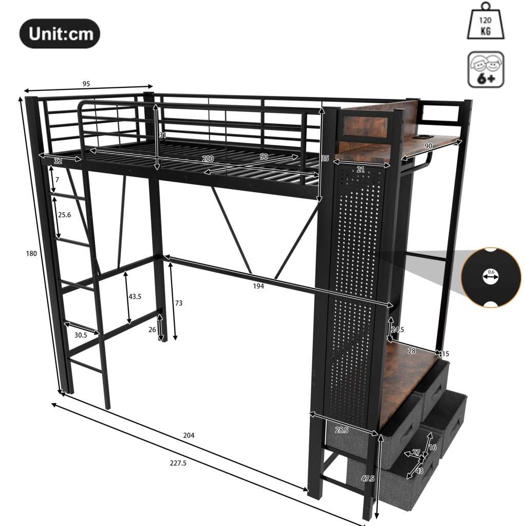 Letto a soppalco 90x200 nero con LED, USB, Type-C e materasso