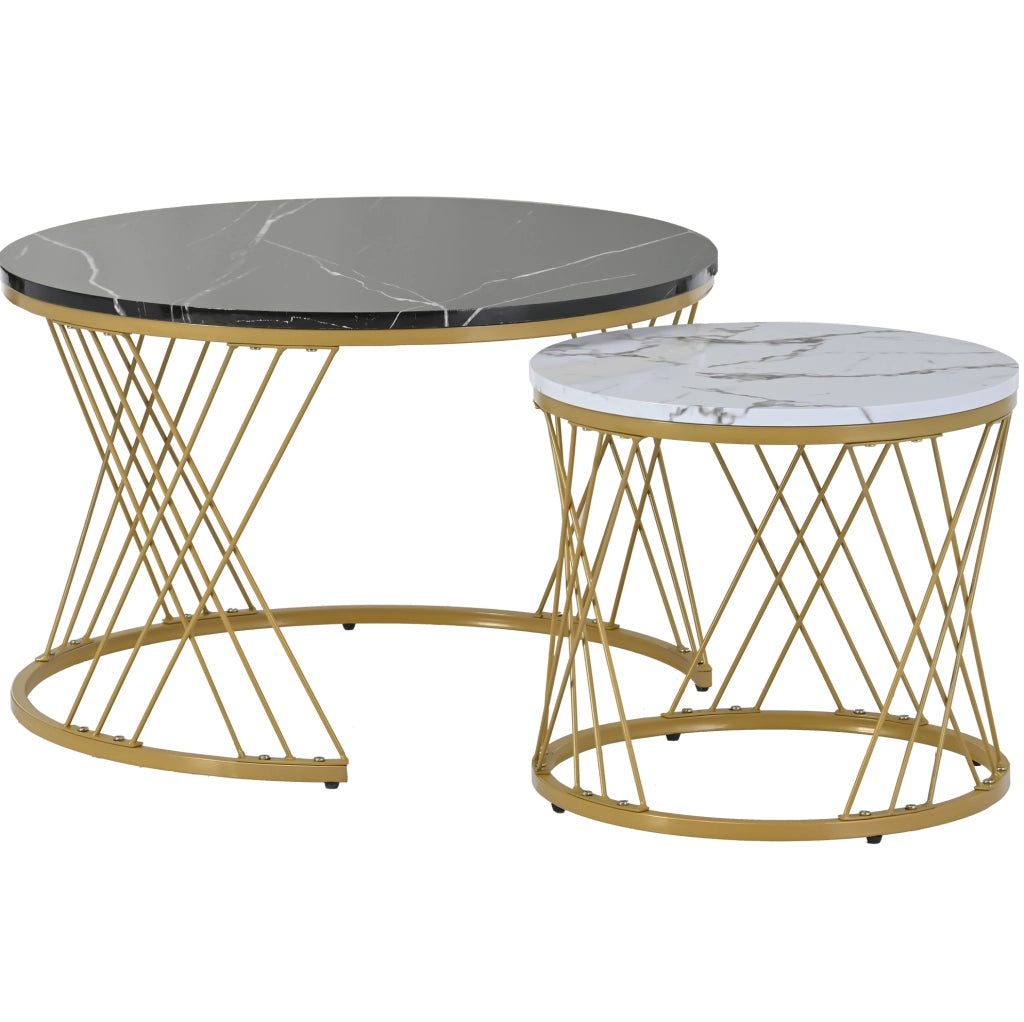 Tavolini da caffè rotondi impilabili 70x70x45 cm MDF nero e bianco, struttura dorata