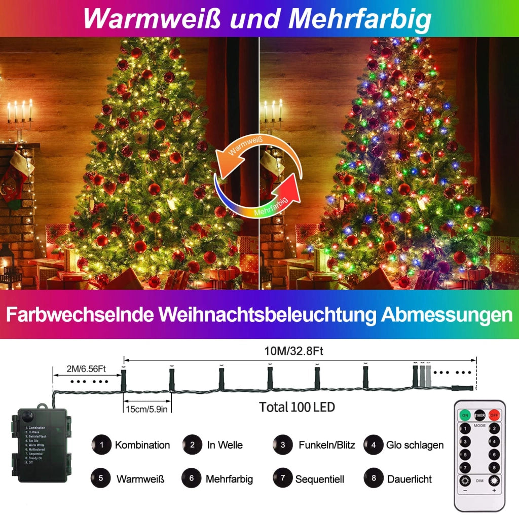 Catena luminosa a LED, 10 metri, 100 luci, cambio colore, bianco caldo/multicolore, con telecomando