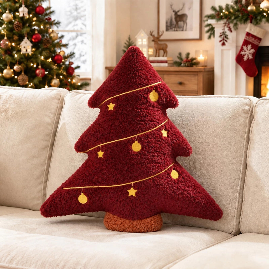 Cuscino natalizio a forma di stella, 40x37 cm, in peluche, con forma di albero di Natale, ricamato