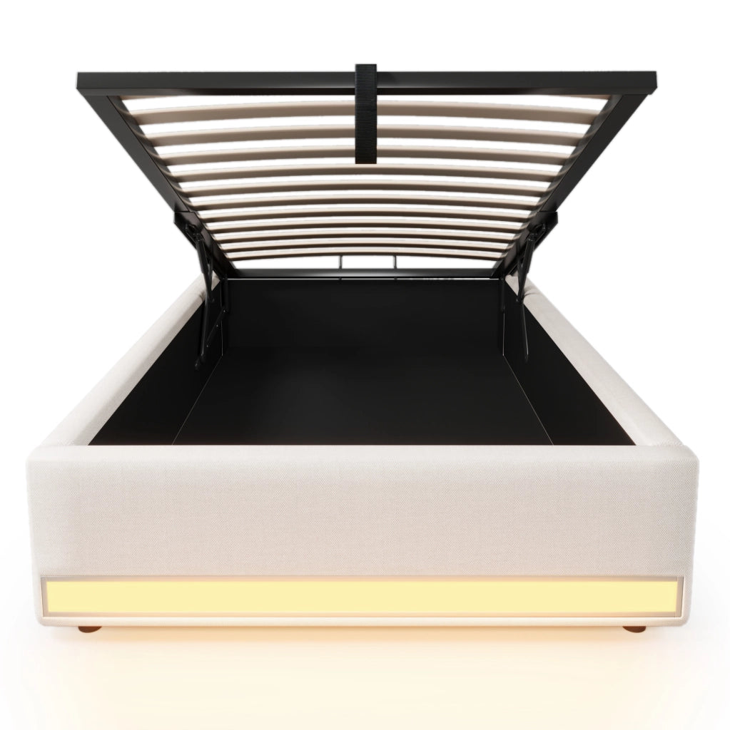 Letto imbottito 90x200 cm in lino con LED, porte USB e Type-C, contenitore idraulico, beige
