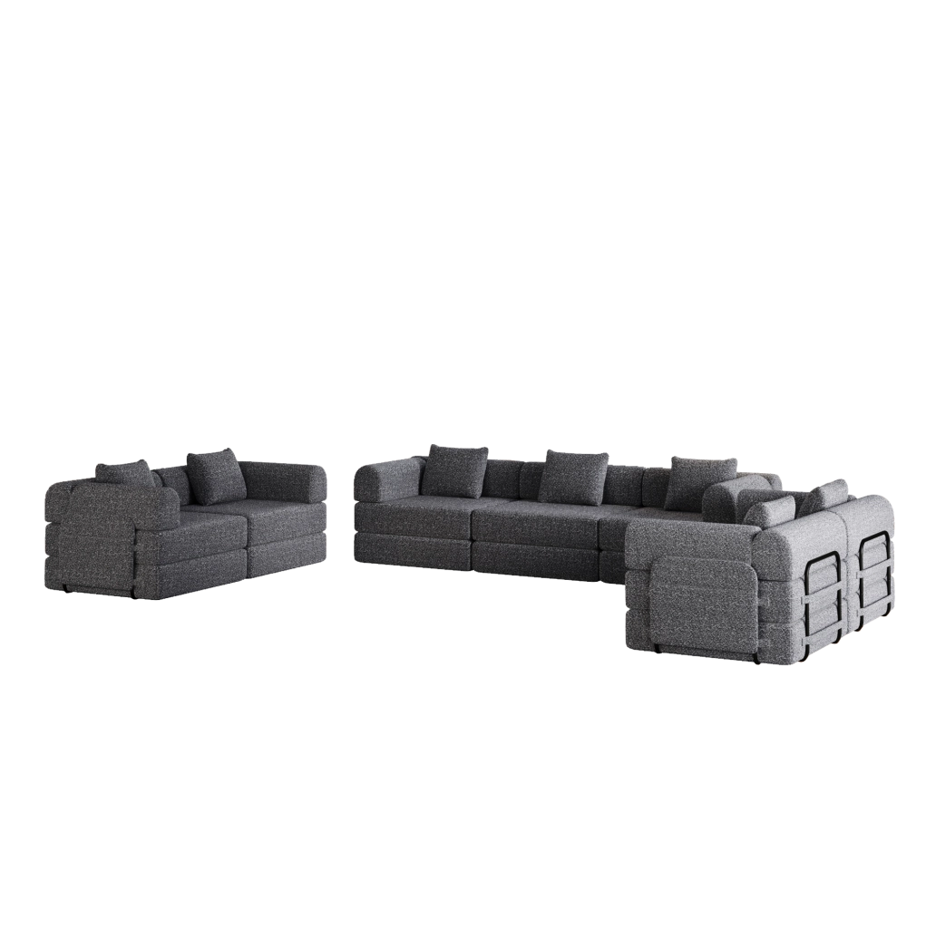 Divano letto singolo modulare con contenitore nel bracciolo e cuscini inclusi in tessuto chenille grigio