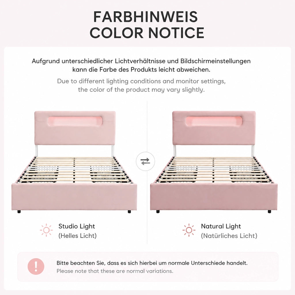 Letto imbottito per bambini 140 × 200 cm con quattro cassetti laterali testiera contenitore in velluto rosa LED app