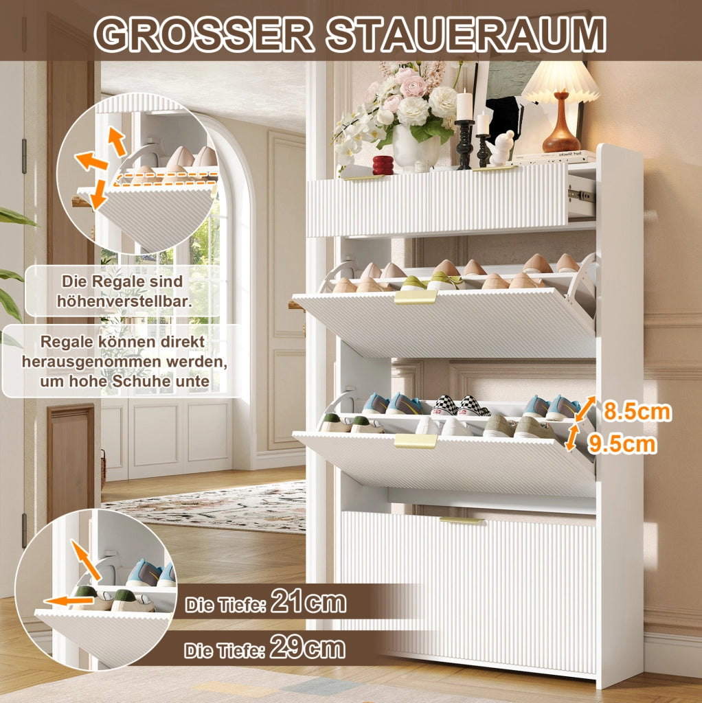 Scarpiera stretta bianca con 3 vani a ribalta e 2 cassetti, 80 x 25 x 135 cm