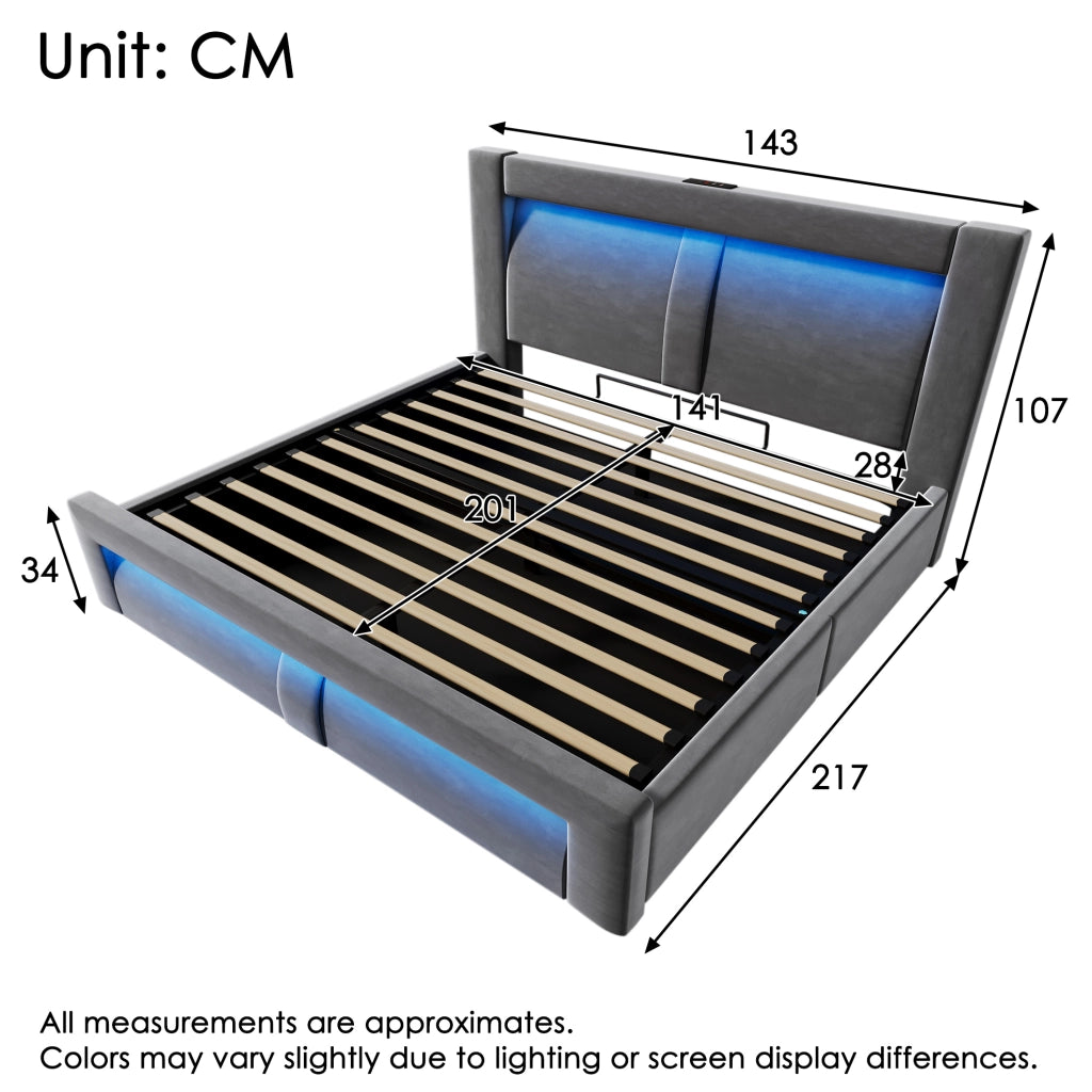 Letto matrimoniale 140x200 cm con contenitore; LED; USB e Type-C; velluto grigio