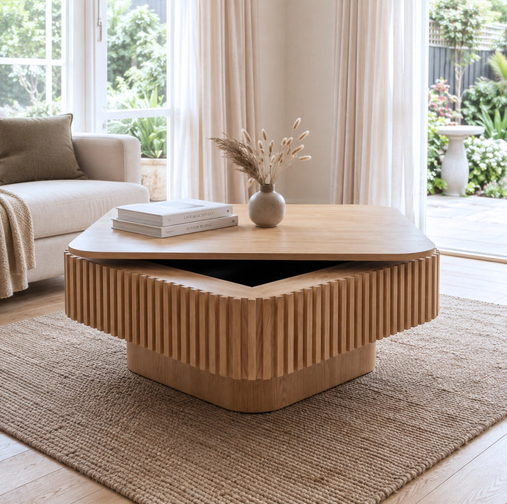 Tavolino da salotto con contenitore e finitura legno naturale