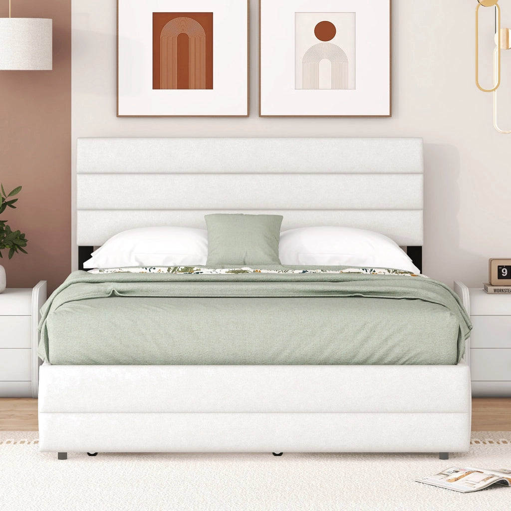 Letto Estraibile 140 x 200 cm e 90 x 190 cm, Letto Matrimoniale - 2 Cassetti - Beige