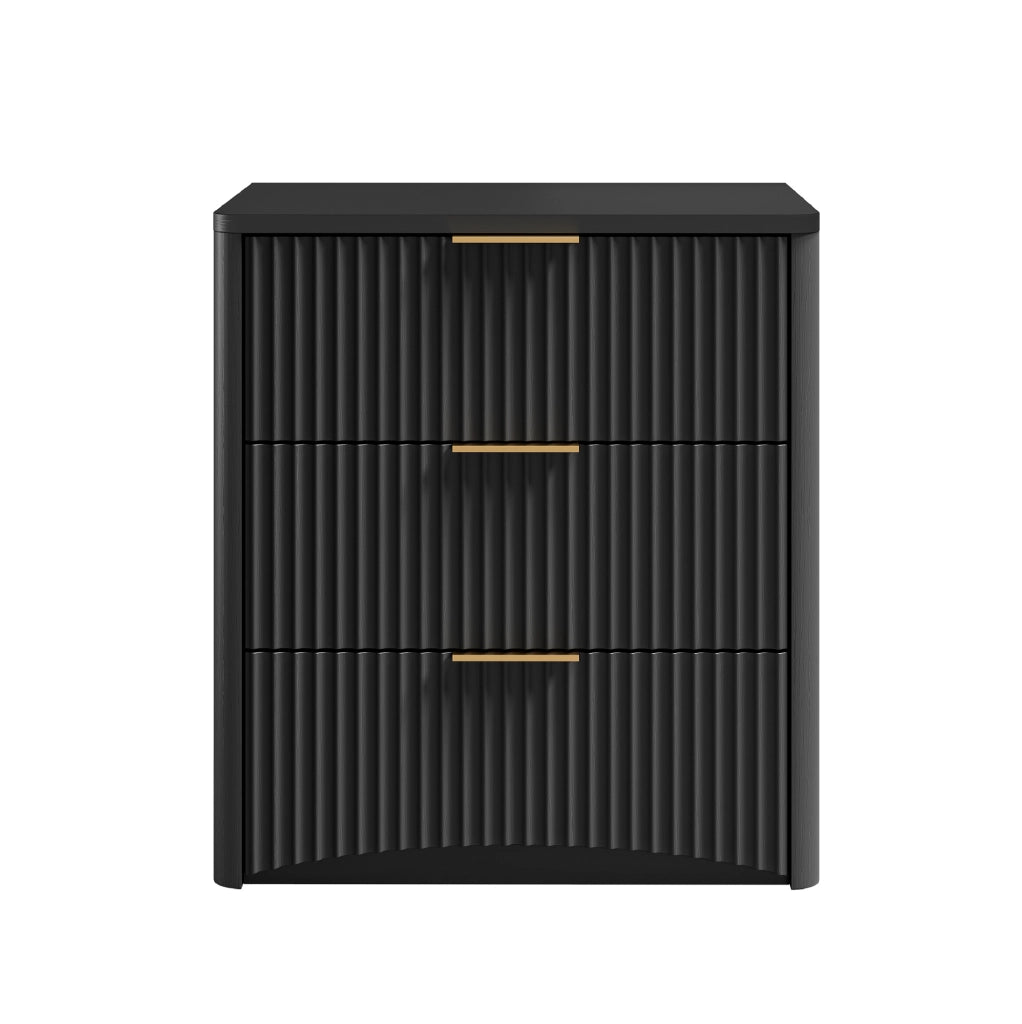 Comodino nero in MDF con 3 cassetti spaziosi, maniglie metalliche dorate e guida ammortizzata silenziosa, 58x38x64 cm