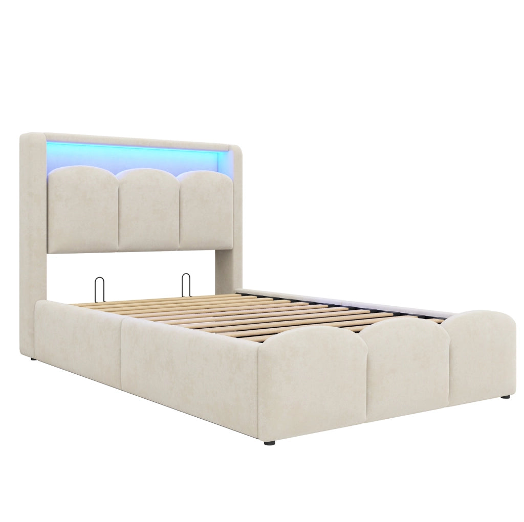 Letto singolo imbottito IVMEU 90x200 cm con contenitore idraulico, LED e prese USB e Type-C, velluto beige