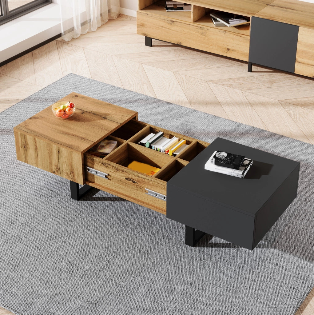 Tavolino da caffè scorrevole moderno con vani portaoggetti nascosti, struttura in pannello truciolare e metallo, stile legno chiaro per soggiorno e ufficio