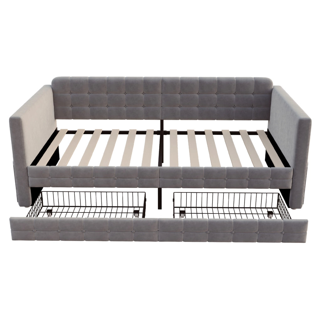 Letto Singolo 90x190 cm in Velluto Grigio con Contenitori Laterali e Due Cassetti Sotto il Letto