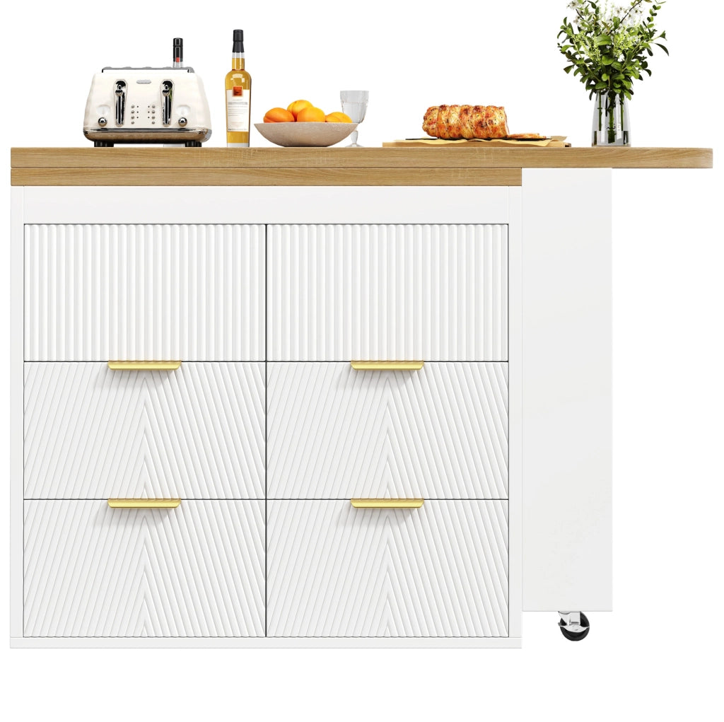 Tavolo bar IVMEU girevole a 360¡ã con 6 cassetti e vano laterale, 128-203 x 39 x 90 cm, bianco in MDF