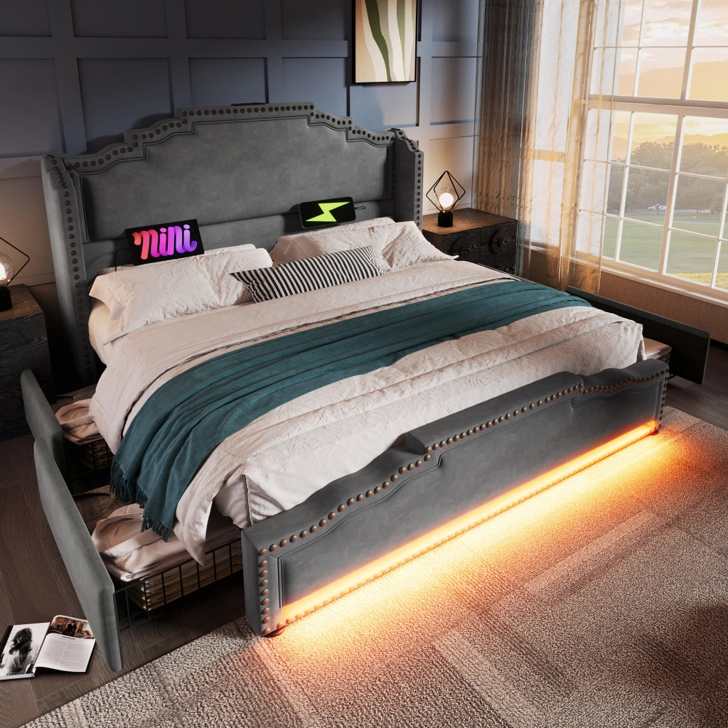 Letto con cassetti 180 ¡Á 200 cm con 4 cassetti LED USB e Type-C rivestito in velluto grigio con rete a doghe