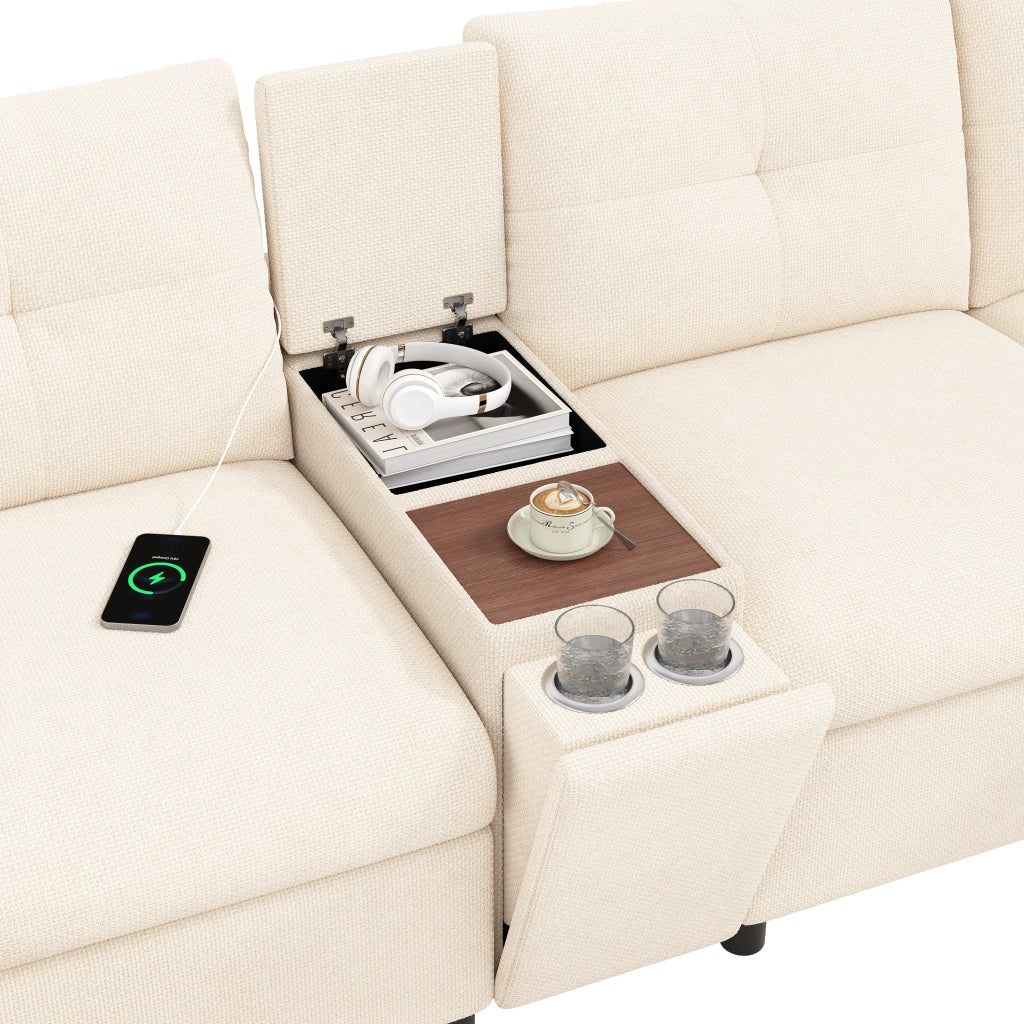 Divano panoramico modulare a 6 posti in chenille beige con console USB Type-C e 2 pouf contenitore 84.5 × 316 × 140 cm