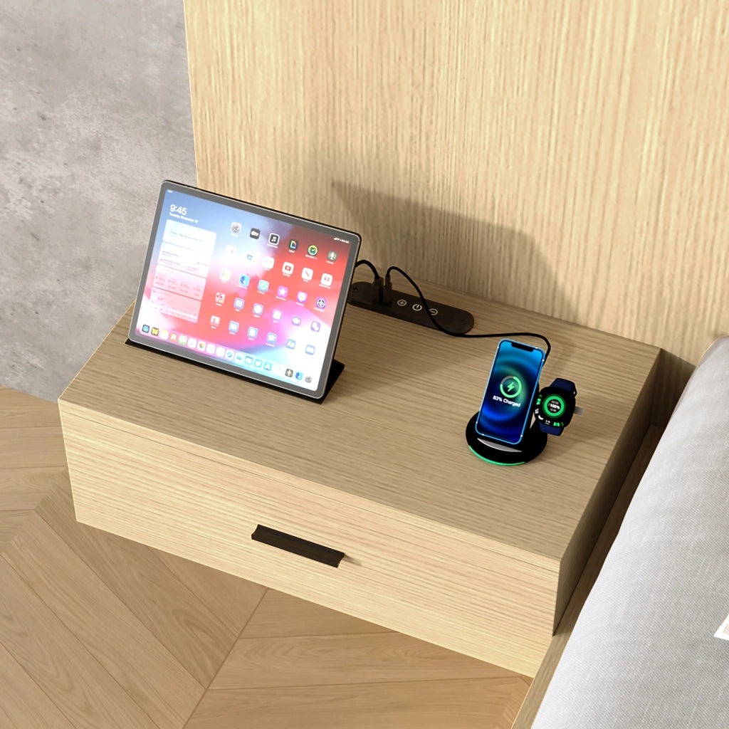 Letto matrimoniale 160 × 200 cm in MDF rovere chiaro con comodini USB Type C lampade e vani contenitore