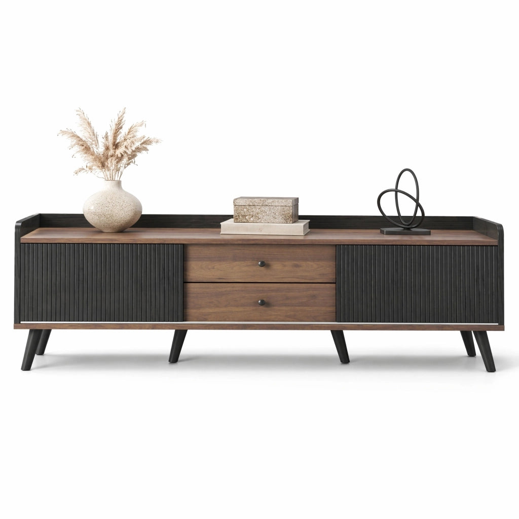 Mobile TV lowboard con due ante scorrevoli, due cassetti, ripiani interni e bordi rialzati, finitura nero e legno, 160 x 40 x 58 cm, per soggiorno moderno