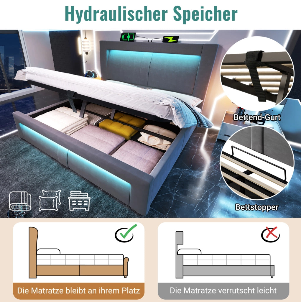 Letto matrimoniale 140x200 cm con contenitore; LED; USB e Type-C; velluto grigio
