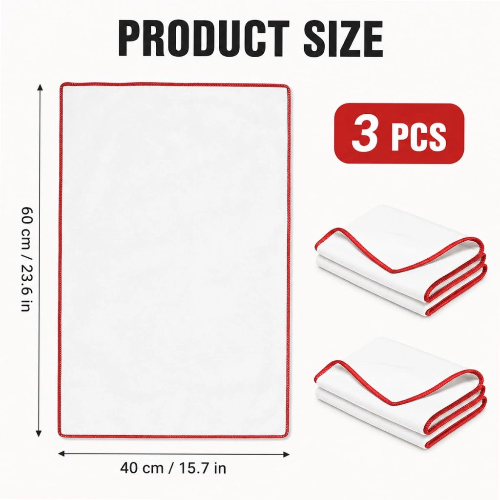 Set di 3 panni per la lucidatura del vetro, dimensioni 60x42 cm, in microfibra, colore bianco/rosso