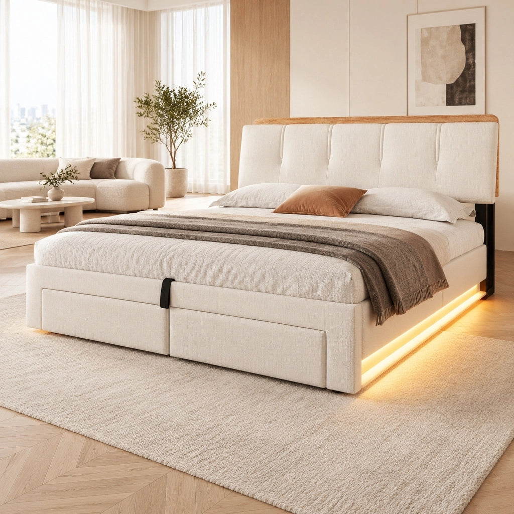 Letto contenitore imbottito 140x200 beige in lino con LED e USB-C, materasso incluso