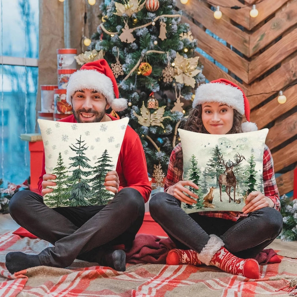 Set di 4 federe natalizie, 45x45 cm, in lino