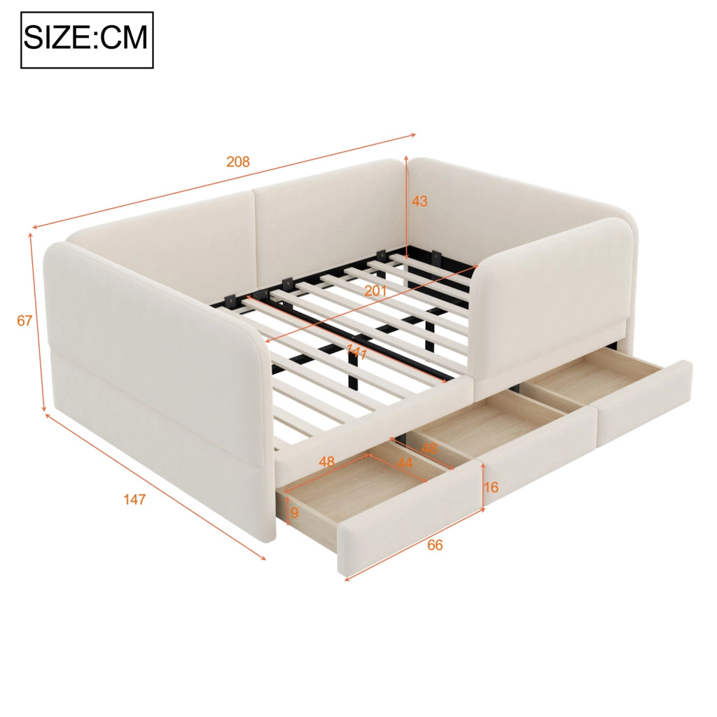 Letto per bambini imbottito 140 × 200 cm in velluto beige con bordi arrotondati e tre cassetti