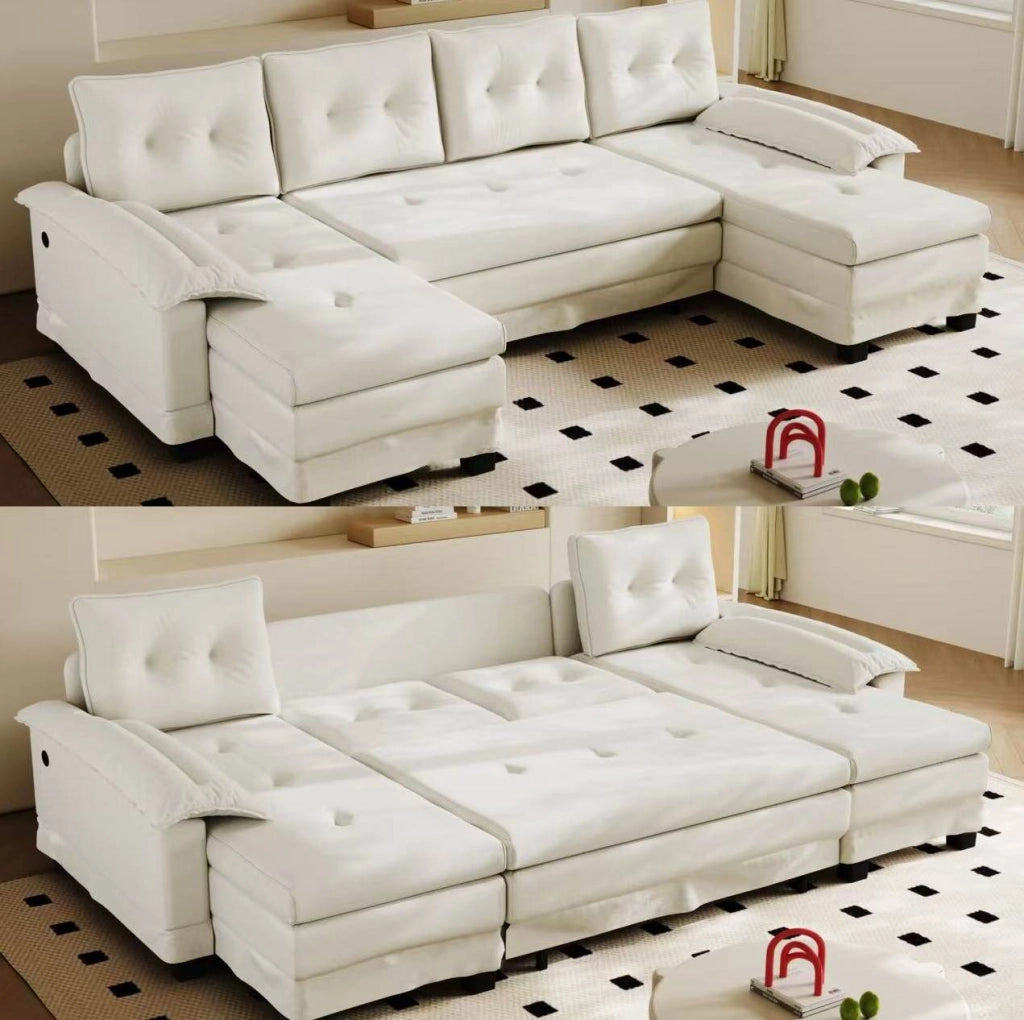 DIVANO LETTO Modulare a U 278x127x87 cm in ciniglia beige con USB