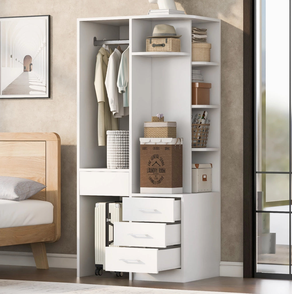 Armadio bianco e color legno con ripiani, appendiabiti e cassetti