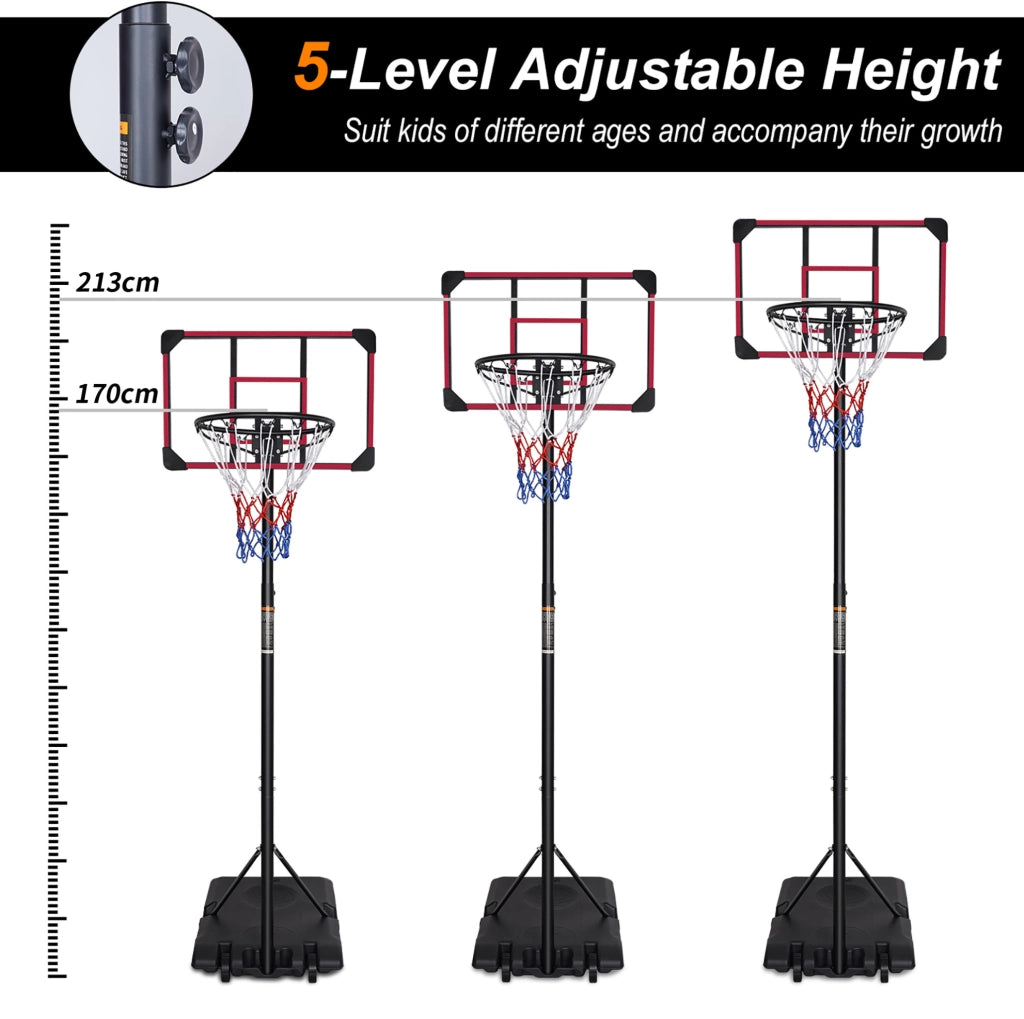 Canestro da basket portatile 170-213 cm su ruote nero rosso interno esterno